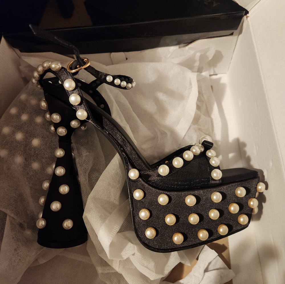 Black Pearl-Embellished Platform Heels